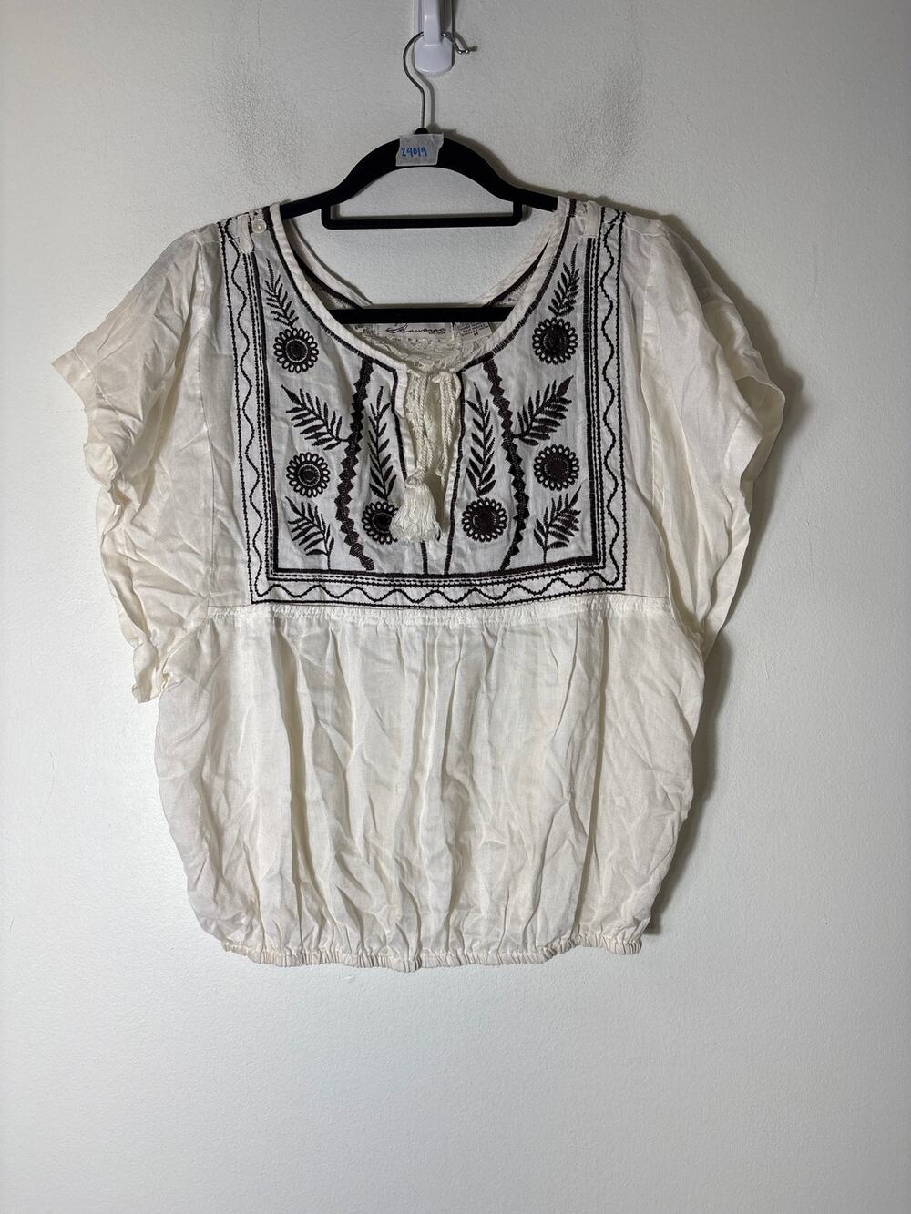 Vintage Havana Off White Brown Embroidered Short Sleeve Sz M
